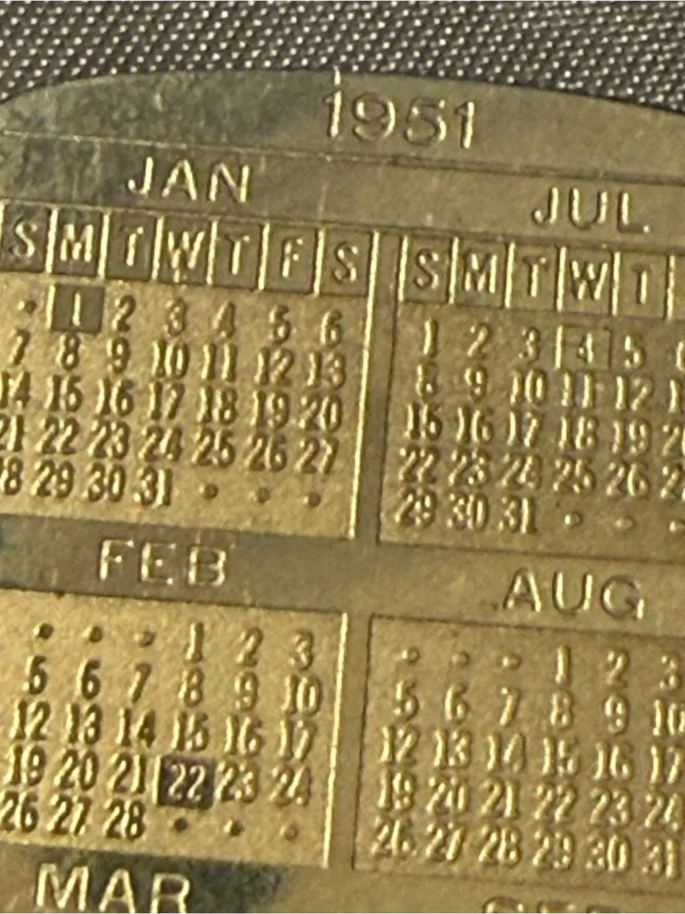 Vintage Money Clip 1950/1951 Perpetual Calendar - Gold Tone